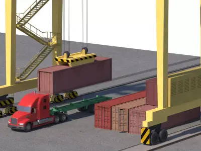 Location scene Crane load container to track Low-poly 3D model