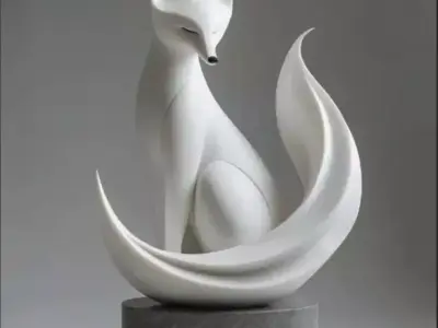 Minimalist White Fox Sculpture Serene Animal Flowing Tail 3D Low-poly 3D model
