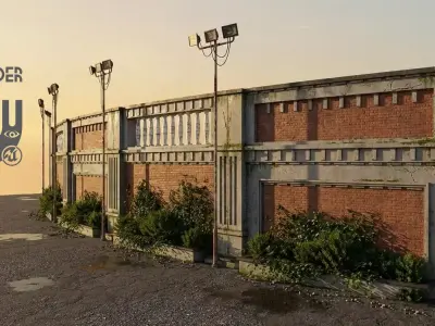 Modern Architectural Boundary Wall With Street Lights Low-poly 3D model