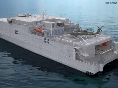 Military Catamaran Vessel with Helicopter on Water 3D model