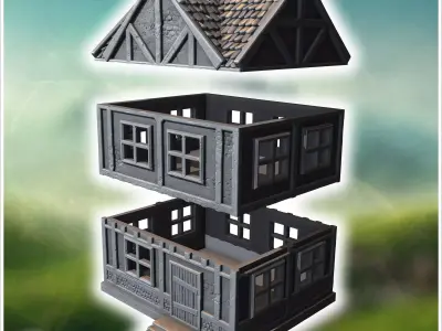 Narrow wooden building with a stone foundation steep roof and de 3D print model