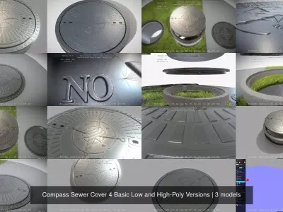 Compass Sewer Cover 4 Basic Low and High-Poly Versions 3D Model Pack