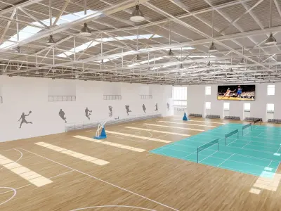 Large Indoor Basketball Gym with Badminton Courts 3D Asset 3D model