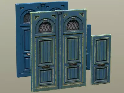 Wooden Painted Entrance Double Door windows Low-poly 3D model