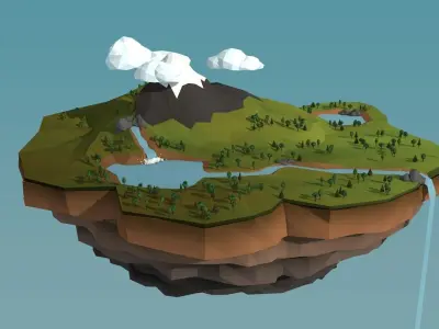 Low Poly Nature island with mountains and trees Low-poly 3D model