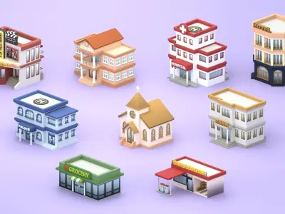 Cartoon Low Poly Building Pack Set2 Low-poly 3D model