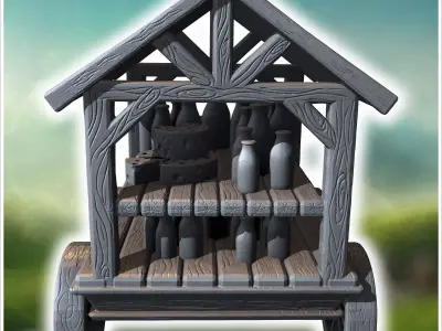 Wooden cart with a roof filled with milk bottles and stacked whe 3D print model