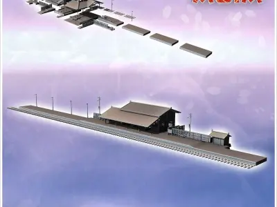 Asian passenger station with large tile building and wooden barr 3D print model