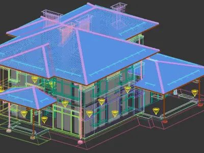 The house is finished with stone brick and wood 3D model