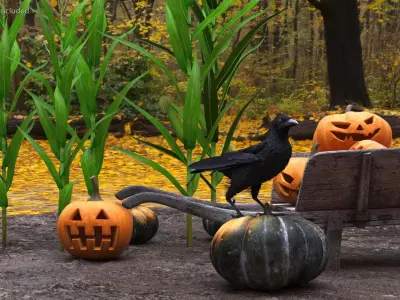  Autumn Harvest Setup with Pumpkins and Crow 