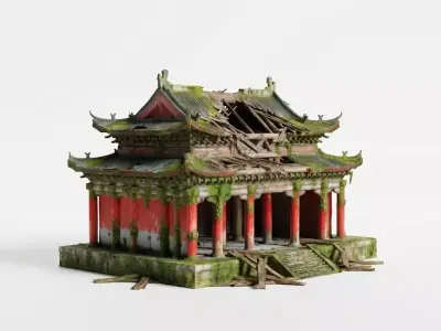 Ancient Ruined Chinese Temple - Nature Overgrown Hall Low-poly 3D model