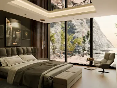 BedRoom vs Bath Interior with view to Lake 3D model