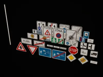 Complete Czech road signs collection - 203 signs 3D Model Pack