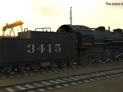  Vintage Steam Locomotive ATSF 3415 Rigged for Cinema 4D 