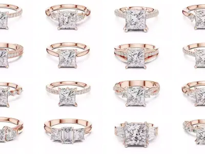 179 Princess Diamond Rings 3DM STL OBJ FBX 3 Color Render Video 3D Model Pack