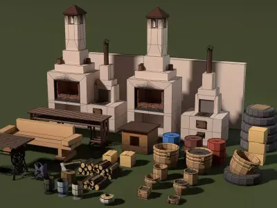 Low-poly country house yard props pack Low-poly 3D model