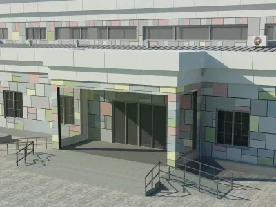 Kindergarten 3D model building in middle of field Low-poly 3D model