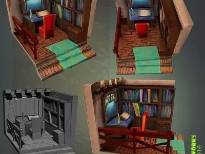 Medieval Library Interior Low-poly 3D model
