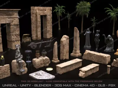 Ancient Egypt Ruins and Oasis Decor Set 3D model