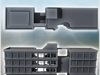 Modern Flat Roof Hospital with Wave Architecture Destroyed Versi 3D print model