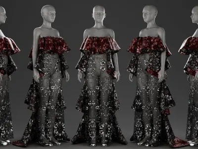 Metallic Floral Embroidered Tulle Gown with Bold Frills 3D model