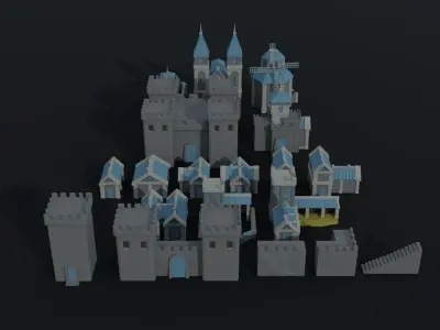 Cartoon fantasy light city asset Polygonal Style Low-poly 3D model