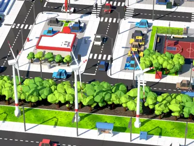 Low Poly Green Energy City  Solar Farm Wind Turbines   Eco-Town  Low-poly 3D model