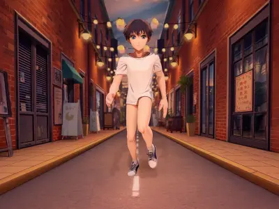 Anime Character in Cozy Street Scene Low-poly 3D model