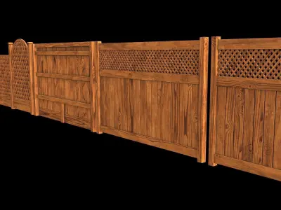 Wooden Fence set PBR 01 Low-poly 3D model