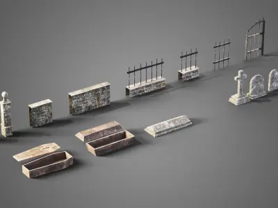 Graveyard set four gravestones Low-poly 3D model