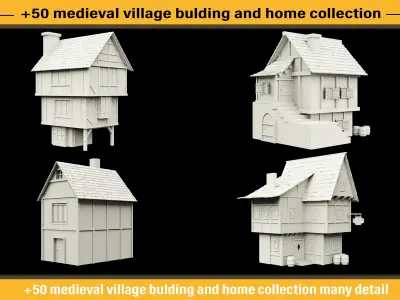 50 medieval village building and home collection white UV 3D model