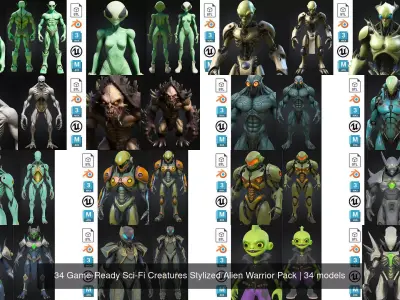 34 Game-Ready Sci-Fi Creatures Stylized Alien Warrior Pack
