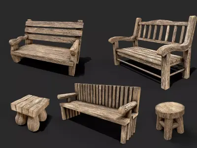 Wooden Benchs and Stools Set Low-poly 3D model