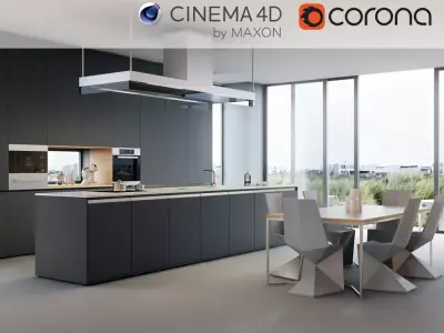 Corona - C4D Scene files - Minimalist Kitchen Interior Scene 3D model