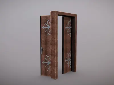 Door 3D model wooden with ornate design Low-poly 3D model