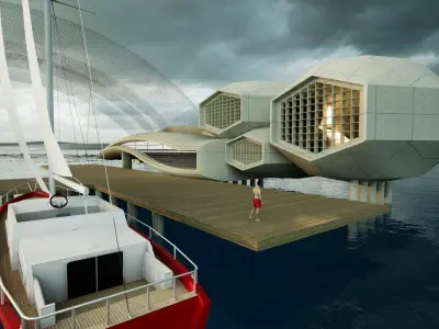 Futuristic Hexagonal House  Concept on Water 3D Model Low-poly 3D model