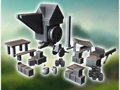 Medieval accessories with wooden crane and crates 3 - Medieval G 3D print model