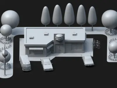 LowPoly Scene Cafe Restaurant Station Low-poly 3D model