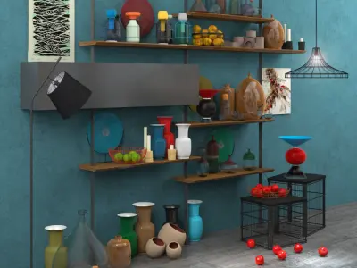 Decorative set of accessories also furniture and floor lamp Low-poly 3D model