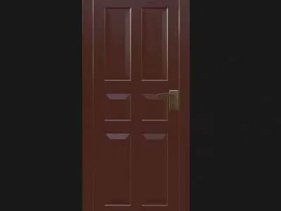 Brown Six-Panel Wooden Door with Brass Handle 3D model