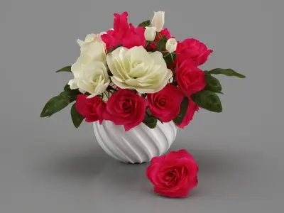 Bouquet of bright pink and white roses in a vase 3D model