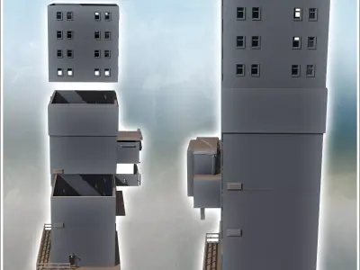 Set of two industrial buildings with a large tower and warehouse 3D print model