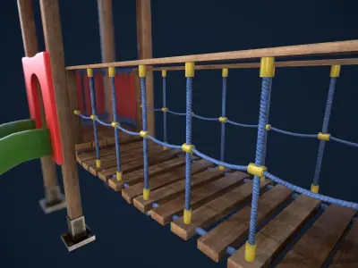 Playground wooden bridge with slide Low-poly 3D model
