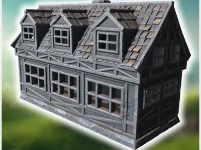 Long half-timbered building with dormer windows steep roof and i 3D print model