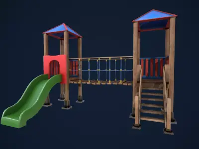 Playground wooden bridge with slide Low-poly 3D model