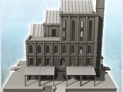 Large multi-storey brick factory on platforms with canopies and  3D print model