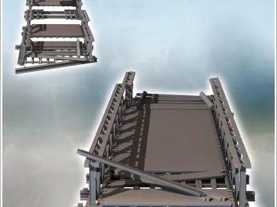 Modular modern metal bridge with wooden plank intact and damaged 3D print model