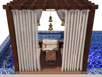 Pool with wooden gazebo 3D model