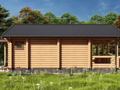 3D model of a wooden bathhouse with a pool 3D model