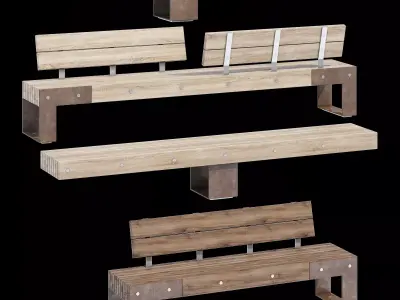 IDEAS set of wooden benches with metal brackets 3D model